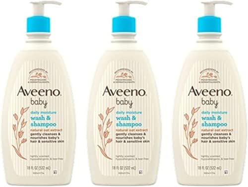 Aveeno Baby Daily Moisture Gentle Bath Wash & Shampoo with Natural Oat Extract, Hypoallergenic, Tear-Free & Paraben-Free Formula For Sensitive Hair & Skin, Lightly Scented, 18 Fl Oz (Pack of 3)