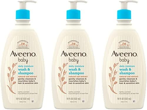 Aveeno Baby Daily Moisture Gentle Bath Wash & Shampoo With Natural Oat Extract, Hypoallergenic, Tear-Free & Paraben-Free Formula For Sensitive Hair & Skin, Lightly Scented, 18 Fl Oz (Pack Of 3) #TOP3