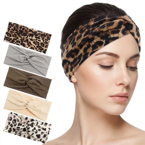 5 Pack Boho Headbands for Women, Wide Twist Knot Hair Bands, Soft Stretchy Non Slip Yoga Gym Head Wraps, Leopard and Neutral Colours Vintage Hair Accessories