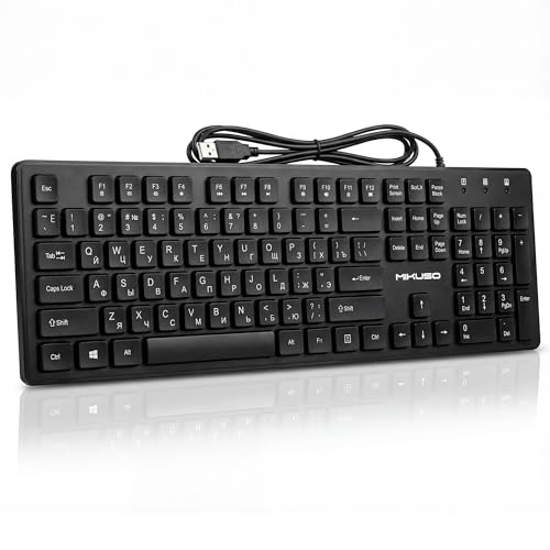 MIKUSO Wired Russian USB Keyboard with Cyrillic Letters English ЙЦУКЕН Layout- Full Size Design with Number Pad,Suitable for Russian Translation, Self-Study, Academic Research,Non Worn Characters