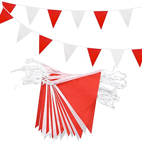 ADQUATOR 20m 52pcs Red White Pennant Bunting Double Sided Reusable Polyester Fabric Two-tone Triangle Flags Banner for Indoor Outdoor Birthday Party Decorations
