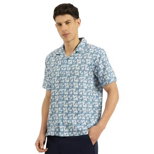 Image of United Colors of Benetton Relaxed Fit Resort Collar Printed Linen Blend Stroke Shirt