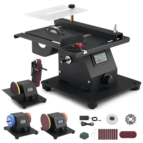4-1 Mini Multi-functional Table Saw with Voltage LED Display and 7 Speed Adjustable, Mini Table Saw for Crafts with 10 Sanding Belts, 90° Adjustable Belt Sander, Dual Bench Grinder
