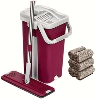 SWISSPACK Superior Sturdy And Strong Floor Mop and Bucket Set − Easy and Simple Squeeze Bucket, Flat Mop with 6-Pack Replacement Machine Washable Microfibre Mop Pads (Wine)