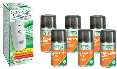 Copyr Kenyatrin Safe e Copyrmatic Combi - Insetticida Antizanzare, Mosche e Insetti Volanti, 6 Bombole 250ml + Erogatore Automatico, Piretro Insetticida Biologico e Repellente Zanzare Casa e Giardino