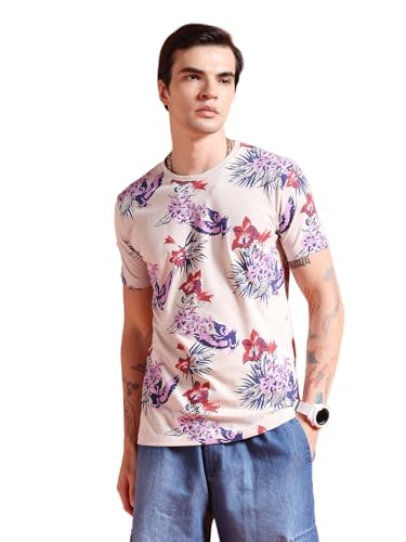 Image of The Indian Garage Co Men's Cotton Slim Fit Tropical Print Round Neck Tshirt