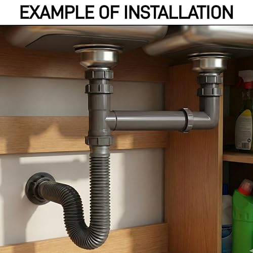 Double Bowl Kitchen Sink Drain Kit – End Outlet Waste for 1-1/2 Inch Drains – Adjustable Width (11\" to 18\") – PP Tubular Plumbing with Flexible P-Trap Hose & Sealing Tape
