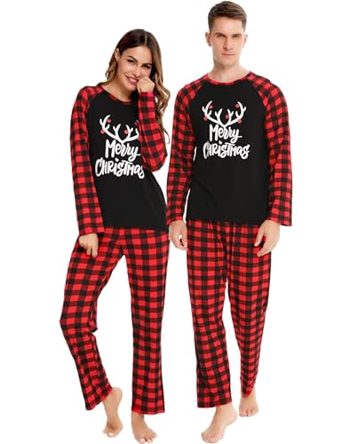 SWOMOG Matching Couples Christmas Pajamas Set Women & Men Plaid Pants Loungewear and Printed Long Sleeve Pjs Top