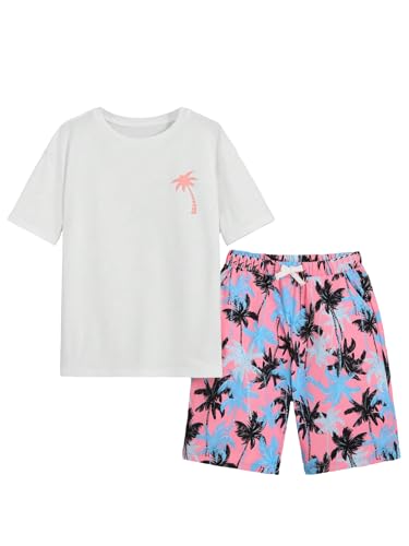 Image of RoseSeek Boy's 2 Piece Outfits Letter and Tropical Graphic Tees and Shorts