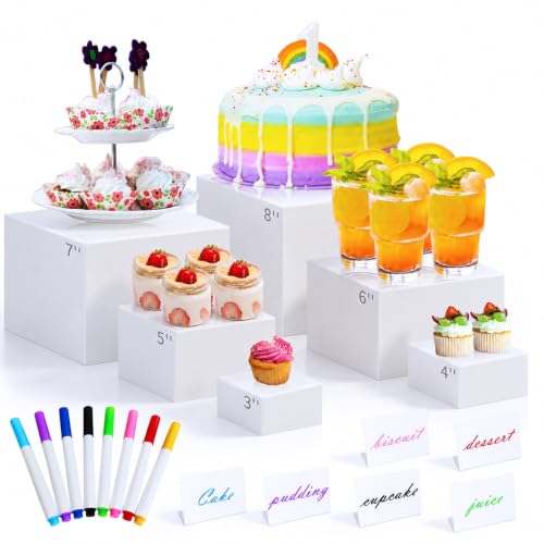 ABenkle 6Pcs White Acrylic Buffet Risers, Buffet Table Risers and Stands, Food Risers Display Shelf for Party Catering Dessert Cupcake,Cube Display Box with Mini Sign