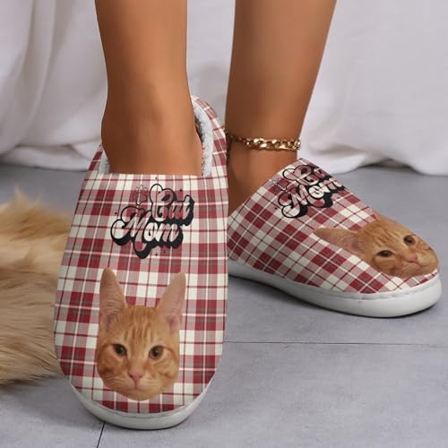DIYGIFTS Custom Cat Pet Photo for Slippers Personalized Cotton Slippers Unique Gift for Lover Plaid Red4