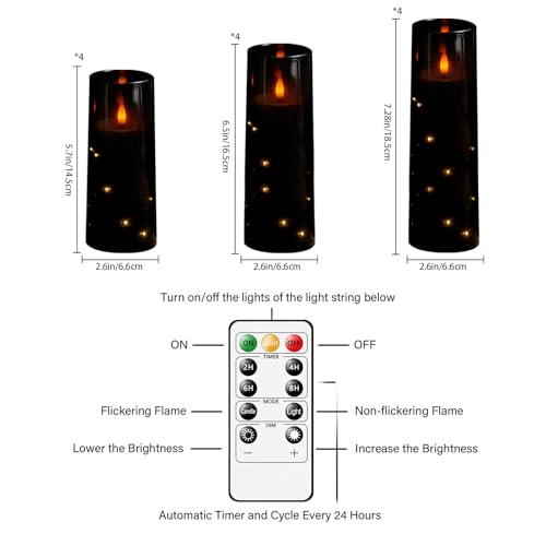 Image of Sasigeiaa Flameless Candles with Embedded Star String - Battery Operated LED Candles, with Remote,12 Black Flickering Candles for Christmas, Weddings, Home Decor & Party,(D 2.3 inchxH 5 inch 6 inch 7 inch)