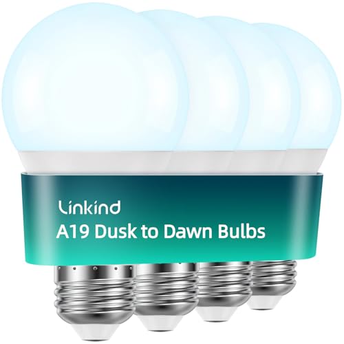 Linkind Dusk to Dawn Light Bulbs Outdoor A19 Sensor Led Bulbs Automatic On/Off 9.5W led Light Bulbs 75 Watt Equivalent 1200 Lumen E26 Base ETL&FCC Listed 5000K Daylight 4 Pack