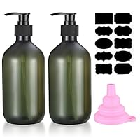 2 Stück 500 ml Shampoo Flaschen zum Befüllen, Duschgel Flasche, Leere nachfüllbare Pumpflaschen, Seifenspender Kunststoff für Lotionen Shampoos, mit Trichter, Etiketten (Grün)