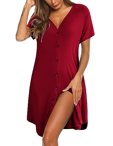 Image of Ekouaer Women's Button Down Nightgown Short Sleeve Sleepshirt V Neck Night Shirt Soft Pajamas Dress with Pockets
