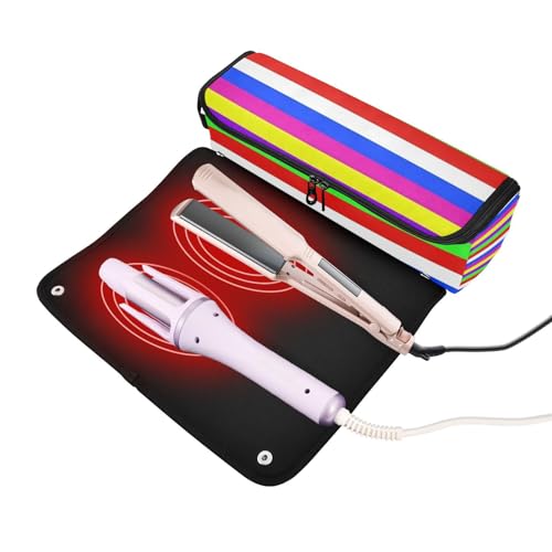 Estuche de viaje 2 en 1 para rizador con base resistente al calor, estuche grande para planchas de pelo y rizadores, diseño de rayas arcoíris coreano miniatura 2