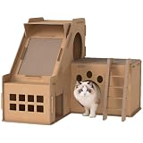 PawHut Rascador Cartón para Gatos Forma Castillo 2 en 1, Rascador para Gatos con 2 Zonas de Rascado, Catnip, Rampa y Escalera, para Interior, 67x66x57 cm, Marrón