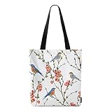 Moslion Bird Bags Cute Blue Birds on Tree Branch Green Leaves Red Flower Canvas Handbag Reusable Sho