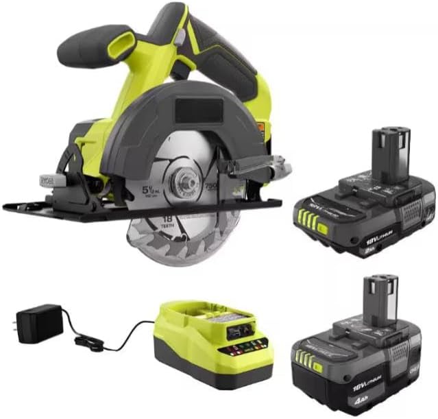 CUSHYBITE 18V Lithium-Ion Kit components: 5-1/2 inch circular saw, 2.0 Ah battery, 4.0 Ah battery, and charger.