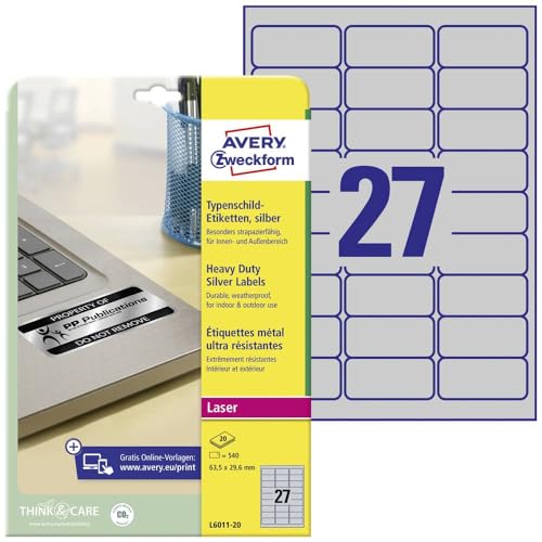 Avery Zweckform L6011-20 - Etiqueta autoadhesiva (Plata, Rectángulo redondeado, Permanente, DIN A4, Poliéster, 78 g/m²)