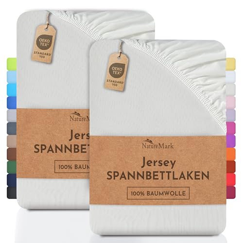 NatureMark 2er Pack Jersey Spannbettlaken, Spannbetttuch 100% Baumwolle in vielen Größen und Farben MARKENQUALITÄT ÖKOTEX Standard 100 | 90 x 200 cm - 100 x 200 cm - Creme/Natur