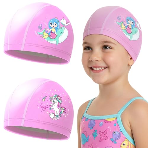 Fiohiros 2 Pack Kids Swim Caps & Hats, Boys & Girls Swimming Caps with PU Waterproof Coating, Nylon Lightweight Quick-Dry Soft Swim Hat Fit Head 45-55cm, Aged 4-12 (2 Pack Pink)
