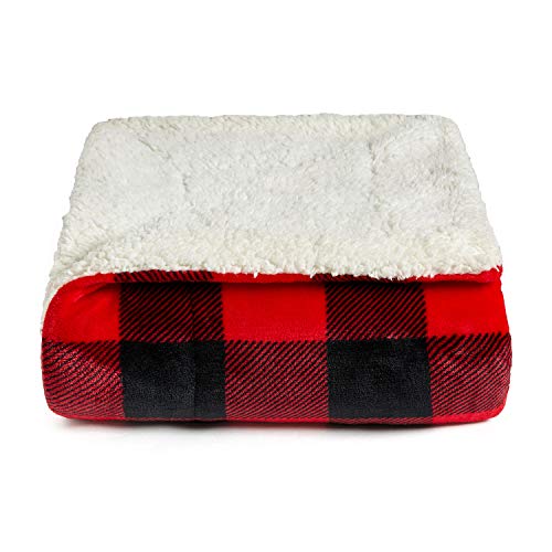 JINGCHENG Buffalo Check Sherpa Fleece Throw Blanket Super Soft Plush Warm Reversible Flannel Blanket for Couch Bed (Checker-Red-Black, Throw(50