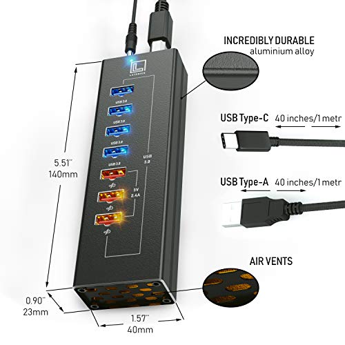 Latorice Powered Usb Hub - Multi-Port Usb Hub With 7 Usb 3.0 Ports, 3 Fast Charging Usb 3 0 Ports, With Cords C And A, Power Usb Hub Adapter #TOP2