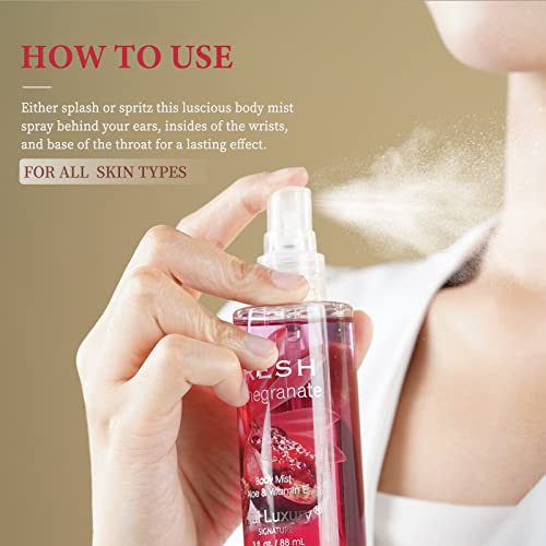 Vital Luxury Body Mist Set, Travel Size Spray Bottle, Long Lasting Perfume Gift Sets, Fragrance Mist for Men & Women, Fresh Pomegranate, Pack Of 2, 3 Fl Oz Each