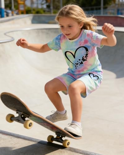 Image of Kids Girl Clothes Tie Dye Heart Print Short Sleeve Top and Shorts Toddler Girl Summer Outfits Short Set