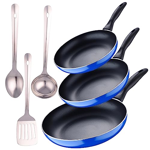 Set 3pc sarten (16+20+24cm) aluminio prensado, inducción, azul navy paradise con Set 3 pc utensilios cocina acero inoxidable