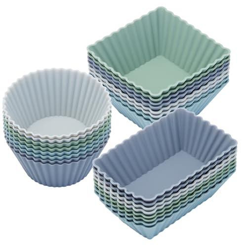 Image of 24Pack Silicone Muffin Cups, Reusable Cupcake Liners Molds for Baking, 3 Shapes Lunch Box Bento Dividers-Round, Square, and Rectangular (Grey Series, Regular Size)