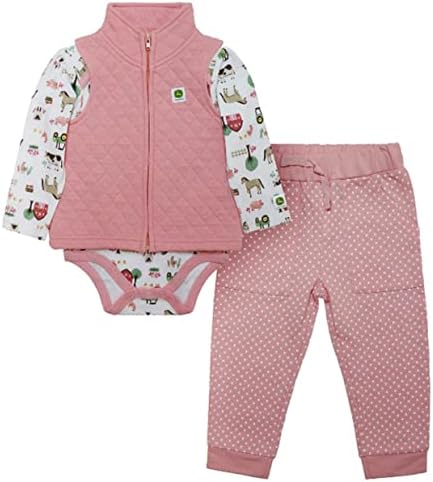John Deere Pink Long Sleeve Tractor Bodysuit, Vest and Pant 3 Piece Set Sizes 3/6, 6/9, 9/12 Months