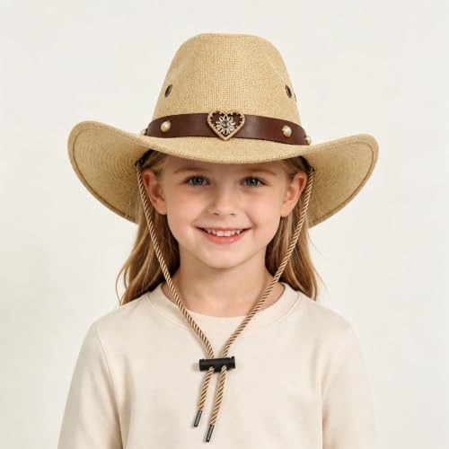 Western Cowboy Hat for Kids with Heart Shaped Buckle Blet Classic Western Hat for Boys Girls for Costume, Party，A3-Brown — view 2