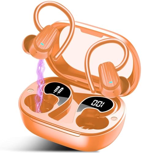 Image of Wireless Earbuds, Headphones Sport Bluetooth 5.4, Over Ear Buds with ENC Noise Canceling Mic, Deep Bass Stereo Earphones with Hook, 50H Playback, LED Display Ear Buds for Workout Running, Deep Orange