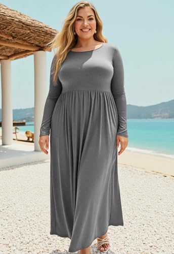 Image of Nemidor Plus Size Maxi Dress for Curvy Women Fall Casual Loose Long Sleeve Dresses with Pocket 14-26