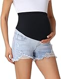 Foucome Maternity Jean Shorts Over Belly Stretchy Ripped Pregnancy Denim Shorts with Pockets (Light Blue, M)