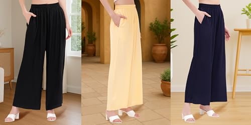 Image of Buy That Trendz Palazzo Pants for Women Rayon Elasticated Regular Fit Flared Wide Leg M to 6XL Pack of 3