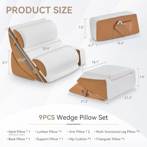 Image of Yojoker 9PCS Orthopedic Bed Wedge Pillow Set for Sleeping, Back and Leg Pain Relief, Post Surgery Foam Pillow for Body, Triangle Adjustable Support Pillow - Acid Reflux Sleeping Pillows Brown