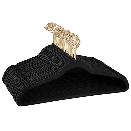 ManGotree Adult Velvet Hangers Coat&Suite Hangers No-Slip Hangers Ultra-Slim Space Saving Hangers Sturdy&Durable Clothes Hangers 360 Swivel Golden-Plated Hook 36 Pack Black