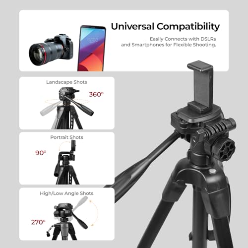 Image of HIFFIN HTR-500 1700mm Lightweight Tripod with Mobile Holder & Carry Bag | 5kg Load Capacity | 3-Section Adjustable Stand for DSLR, Camera & Smartphone | Portable & Stable Tripod Stand