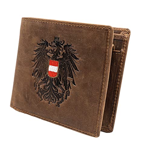 Hoamatkult Österreich Leder Geldbörse | Geldbeutel mit Österreich Adler | Portemonnaie mit RFDI Schutz, Braun Cover