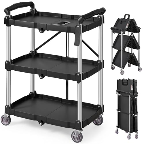 VEVOR Carro de Servicio 65x39x83 cm Carro de Transporte Utilitario Plegable 3 Estantes Capacidad Total 74,8 kg​ 25 kg​/Estante Ruedas Giratorias (2 con Frenos) para Garaje Herramientas Almacén Oficina