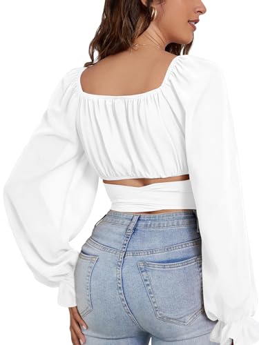 Rooscier Women's Ruched Wrap Square Neck Flounce Long Sleeve Self Tie Crop Top Blouse2