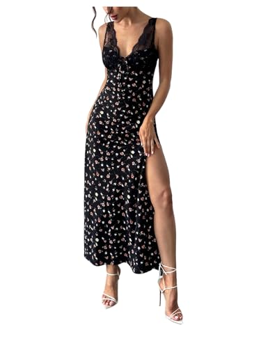 Milumia Women's Contrast Lace Ditsy Floral Long Dress V Neck Sleeveless Split Thigh Elegant Dresses