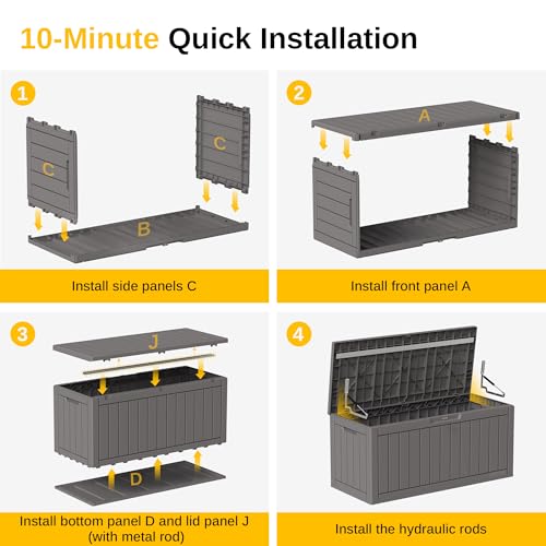 EAST OAK Outdoor Storage Box, 90 Gallon Deck Box, Waterproof Resin Storage Bin for Patio Cushions, Gardening Tools, Outdoor Toys, Lockable, UV Resistant, Grey
