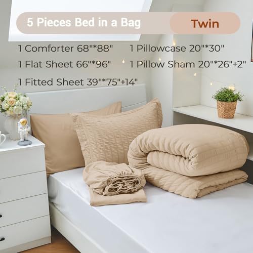 Image of MUXHOMO 5 Pieces Twin Comforter Set, Seersucker Bed in a Bag Twin Size, All Season Luxury Bedding Set with Comforter, Flat Sheet, Fitted Sheet, Pillowcase & Sham, Khaki