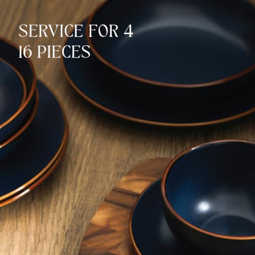 Image of Stone Lain Brasa Stoneware 16 Piece Modern Dinnerware Sets, Plates and Bowls, Service for 4, Blue, Microwave & Dishwasher Safe