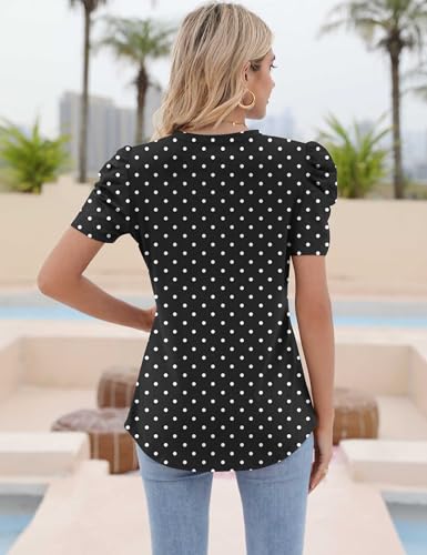 IECCP Blusa Mujer Verano Camisetas Puff Encaje Manga Corta 2025 Verano Tops Mujer Cuello Redondo Casual Túnica Camiseta Elegante, Lunares negros, XXL