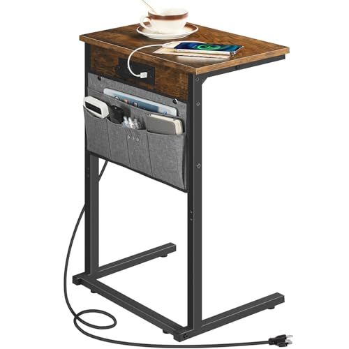 HOOBRO C Shaped End Table with Charging Station 28 H Couch Side Table Slide Under Sofa Arm Tray Table with Storage Bag for Living Room Recliner Rustic Brown BF70USF01